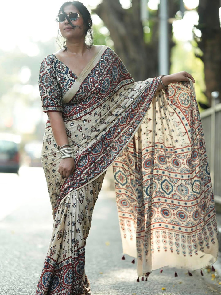 Ajrakh Chinnon Printed Saree with Tassel Detailing & Attached Blouse (No Mirror Work)