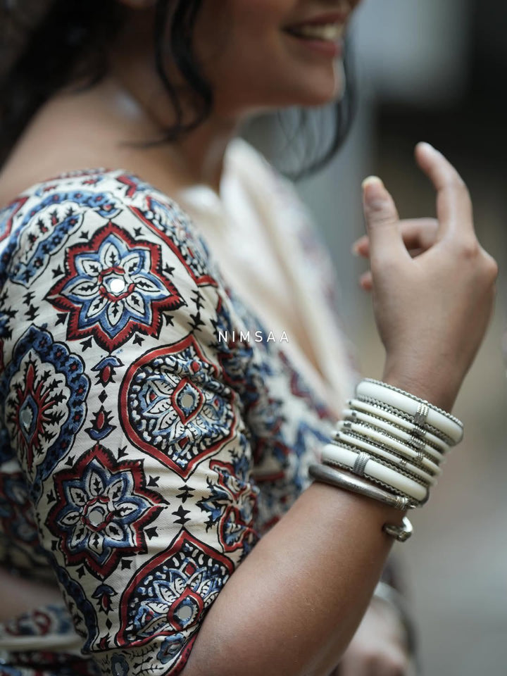 Ajrakh Chinnon Printed Saree with Tassel Detailing & Attached Blouse (No Mirror Work)