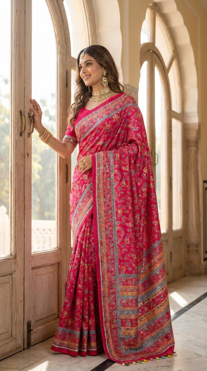 Rani Pink Floral Heritage Print Modal Silk Saree with Intricate Border, Designer Pallu & Tassel Detailing