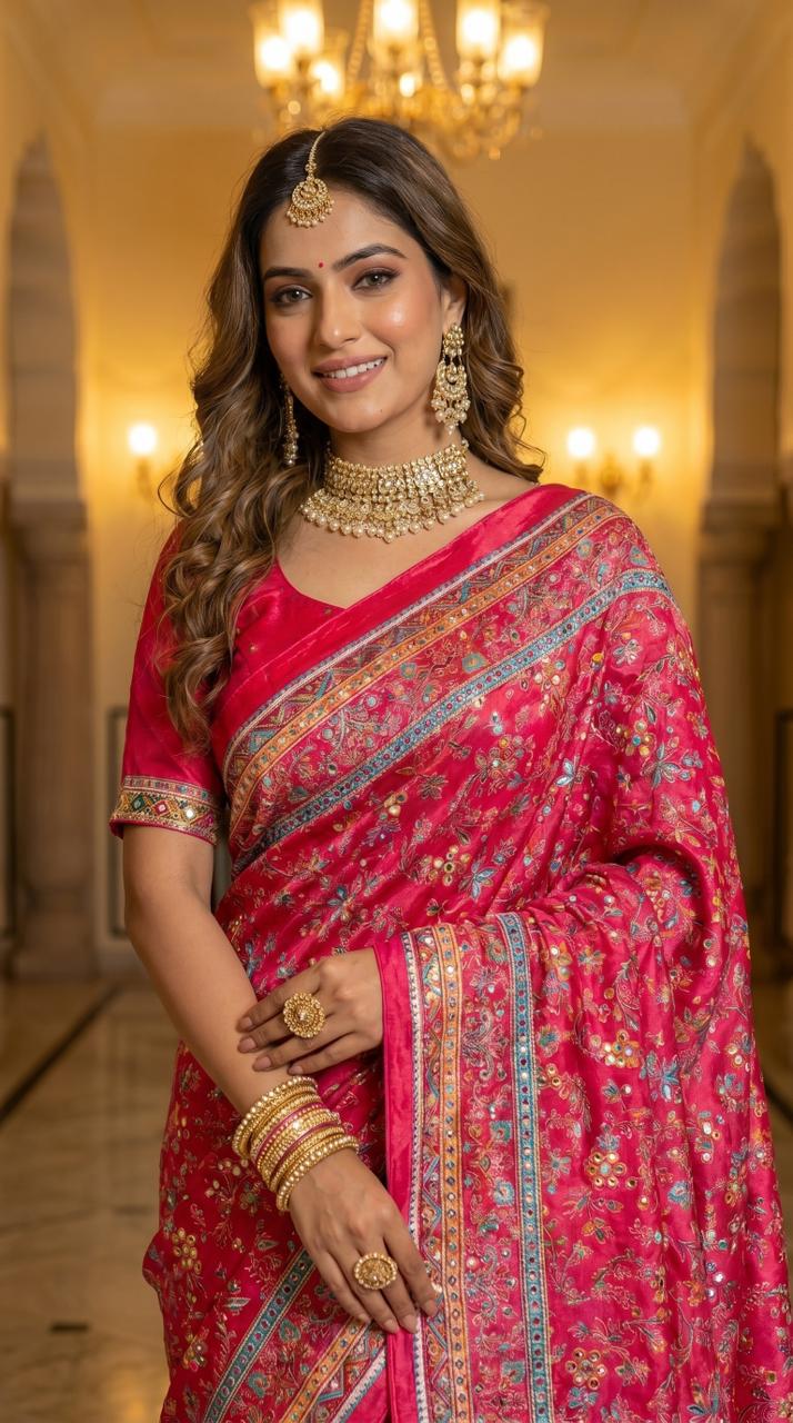 Rani Pink Floral Heritage Print Modal Silk Saree with Intricate Border, Designer Pallu & Tassel Detailing