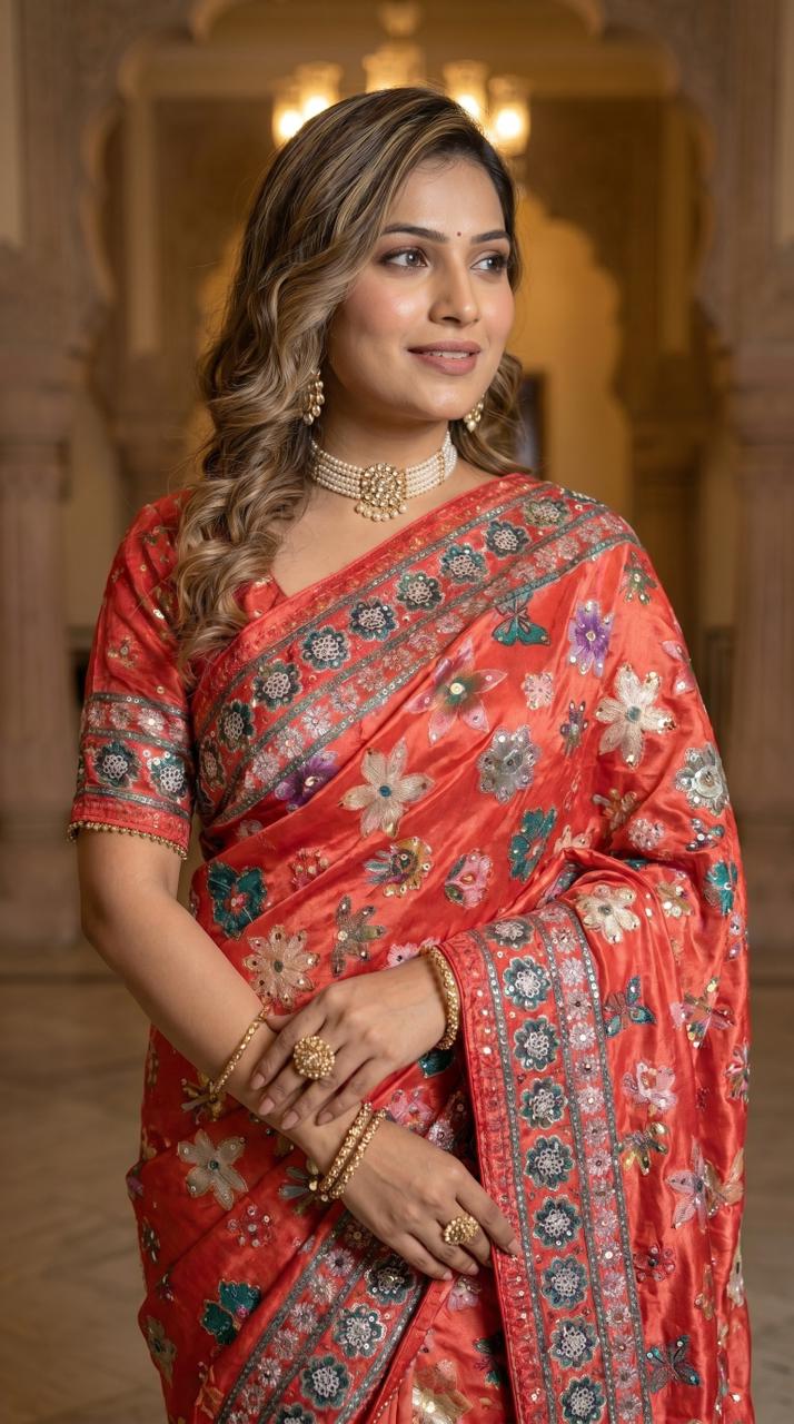 Coral Red Floral Print Modal Silk Saree with Designer Border, Artistic Bloom Motifs & Tassel Detailing