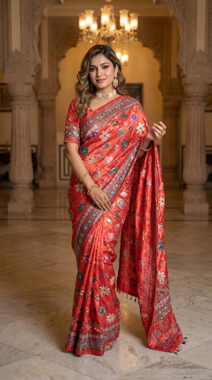 Coral Red Floral Print Modal Silk Saree with Designer Border, Artistic Bloom Motifs & Tassel Detailing