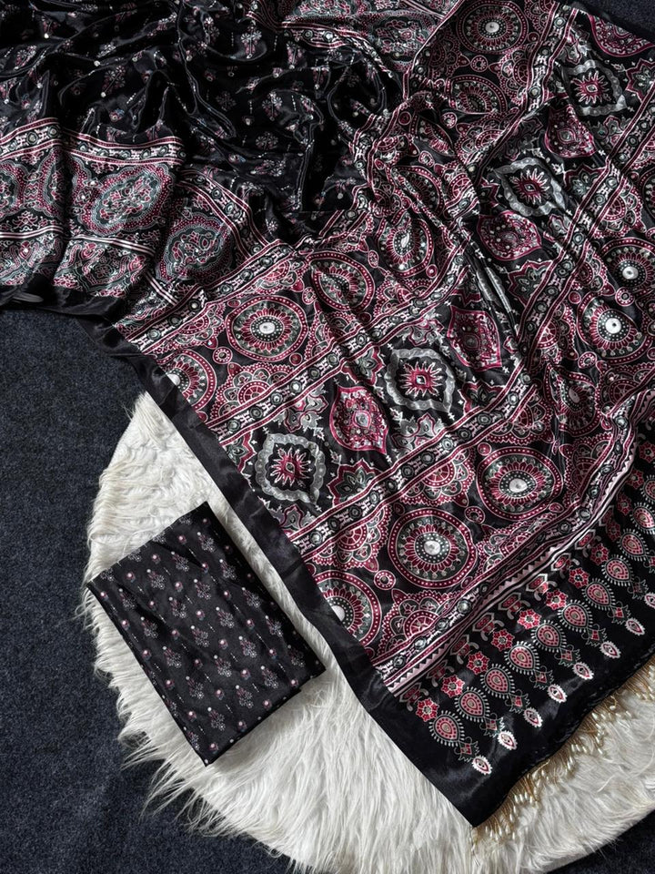 Black Modal Silk Ajrakh Printed Saree with Heritage Medallion Motifs, Rich Traditional Pallu & Tassel Detailing