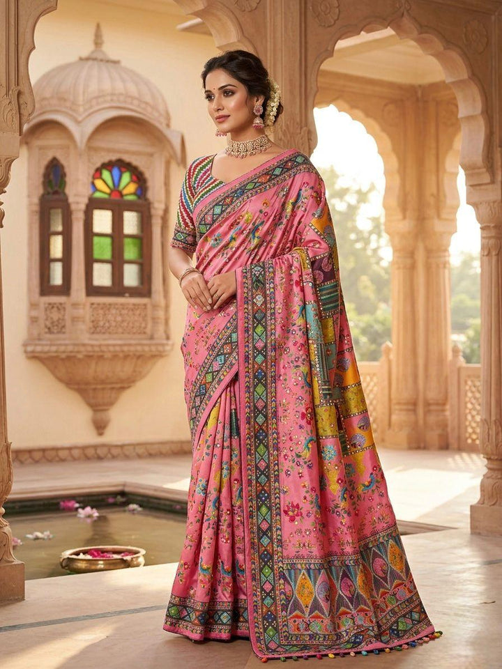 Pink Floral Heritage Print Modal Silk Saree with Multicolor Artistic Pallu, Traditional Border & Tassel Detailing
