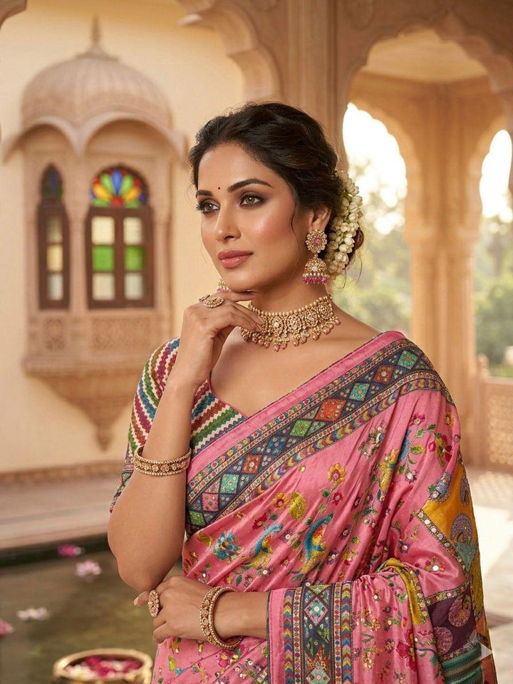 Pink Floral Heritage Print Modal Silk Saree with Multicolor Artistic Pallu, Traditional Border & Tassel Detailing