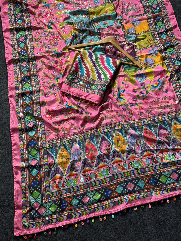 Pink Floral Heritage Print Modal Silk Saree with Multicolor Artistic Pallu, Traditional Border & Tassel Detailing