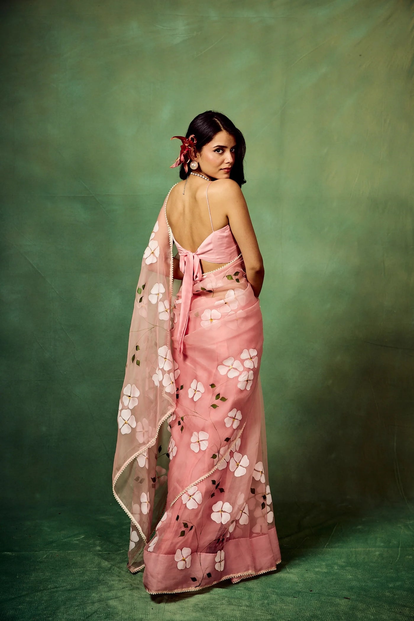 Blush Pink Pure Organza Saree with Hand-Painted White Floral Motifs & Sequin Accents | Satin Blouse