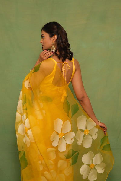 Sunshine Yellow Pure Organza Saree with Hand-Painted White Floral Motifs & Sequin Embellishments