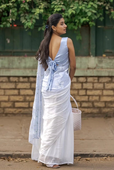 Sky Blue Pure Georgette Hand-Painted Saree with White Floral Motifs and Sequins | Modal Satin Blouse