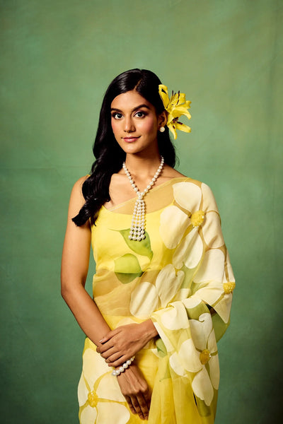 Bright Yellow Pure Organza Saree with Oversized Hand-Painted White Flowers & Sequin Detailing | Satin Blouse Included