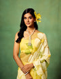 Bright Yellow Pure Organza Saree with Oversized Hand-Painted White Flowers & Sequin Detailing | Satin Blouse Included