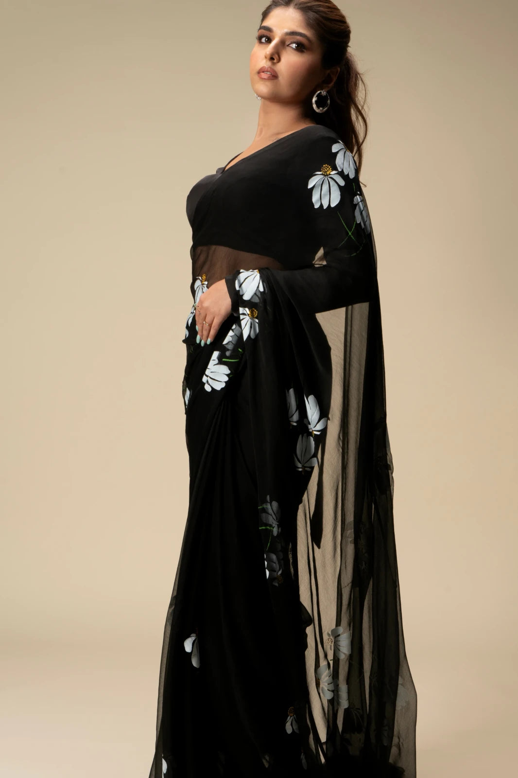 Black Chiffon Saree with White Floral Design | Lightweight Designer Saree with Blouse Piece