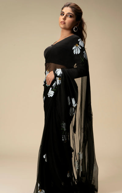 Black Hand-Painted Pure Georgette Saree with White Floral Motifs & Sequins | Modal Satin Blouse