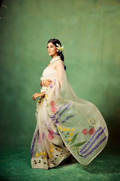 Ivory Pure Organza Hand-Painted Saree with Multicolor Floral Motifs & Sequin Accents | Modal Satin Blouse