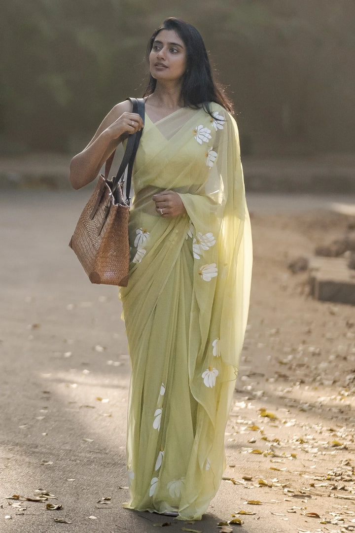 Pistachio Green Chiffon Saree with White Floral Design | Lightweight Designer Saree with Blouse Piece