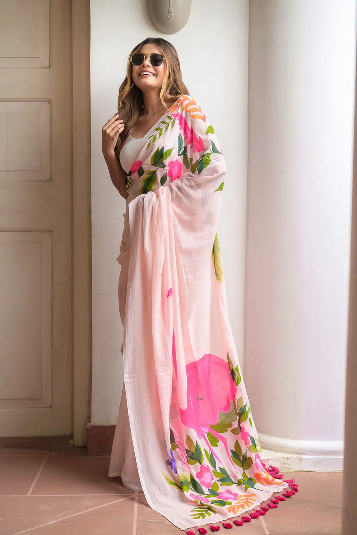 Blush Pink Mul Cotton Saree with Statement Floral Print & Tasselled Pallu