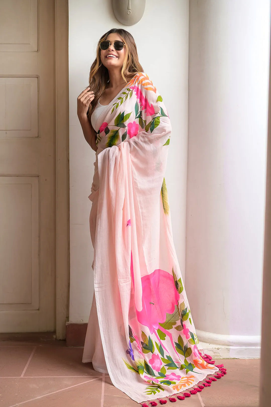 Blush Pink Mul Cotton Saree with Statement Floral Print & Tasselled Pallu, Comes With Attached Blouse Piece