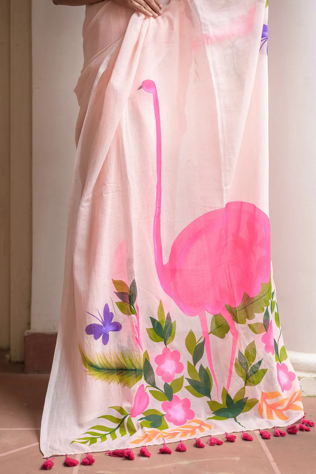Blush Pink Mul Cotton Saree with Statement Floral Print & Tasselled Pallu