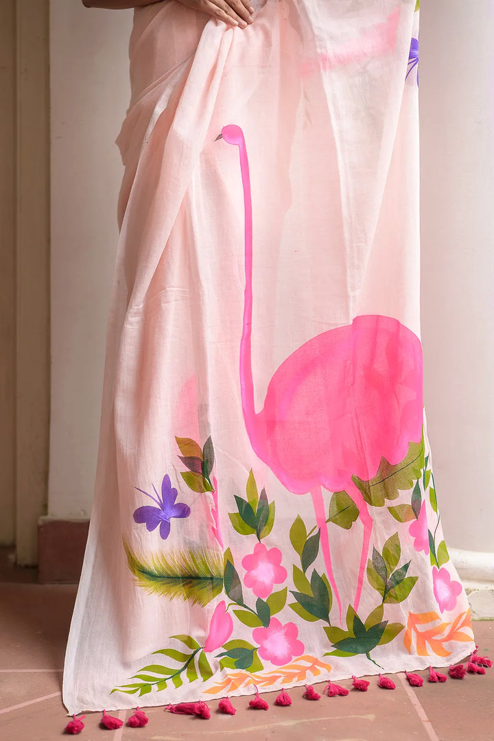 Blush Pink Mul Cotton Saree with Statement Floral Print & Tasselled Pallu, Comes With Attached Blouse Piece