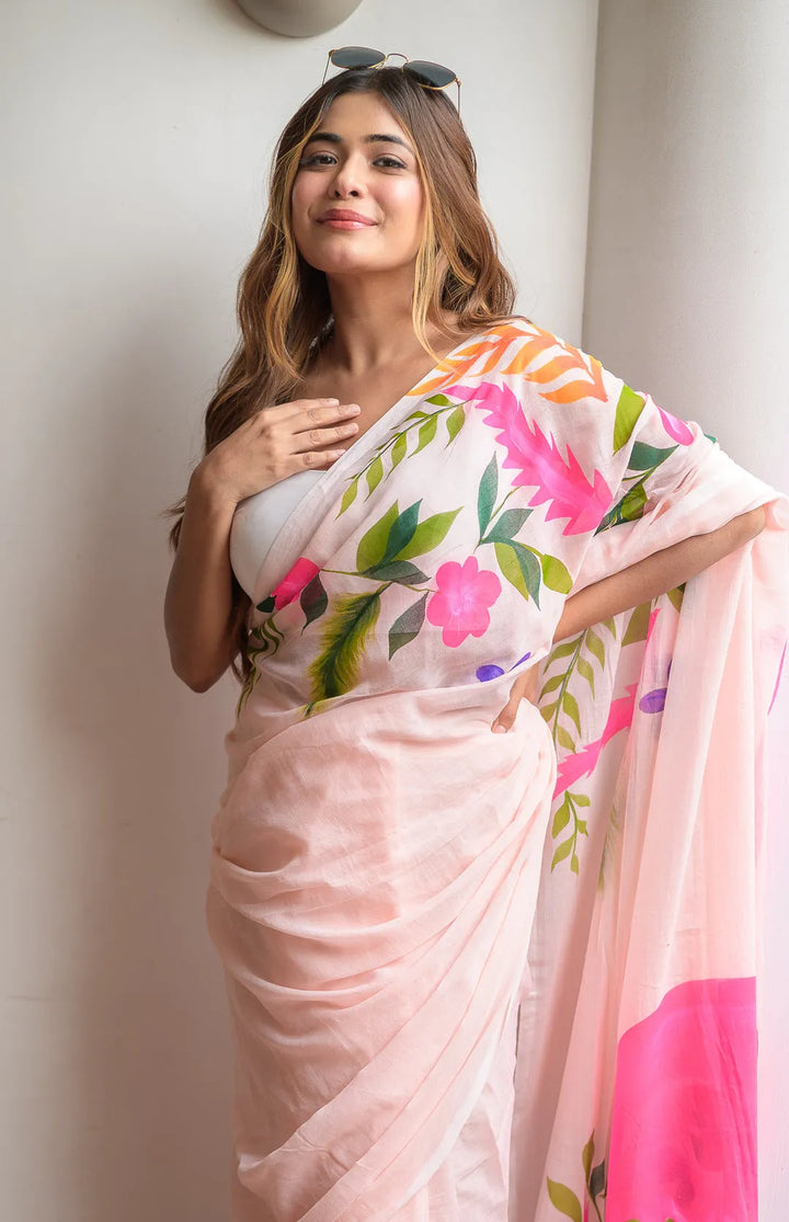Blush Pink Mul Cotton Saree with Statement Floral Print & Tasselled Pallu