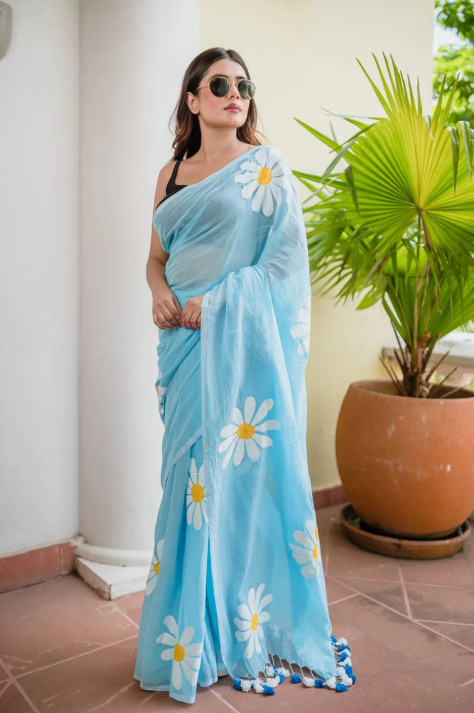 Sky Blue Mul Cotton Saree with Daisy Floral Print & Blue-White Tasselled Pallu