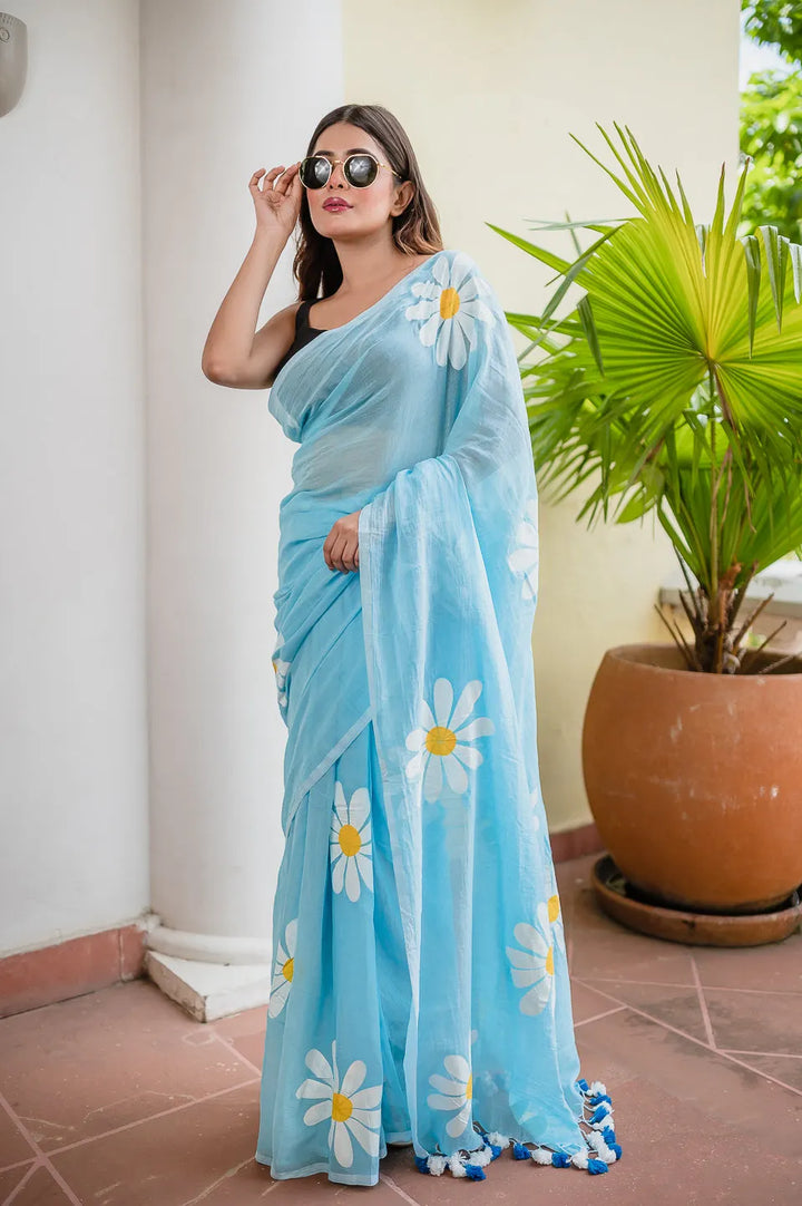 Sky Blue Mul Cotton Saree with Daisy Floral Print & Blue-White Tasselled Pallu