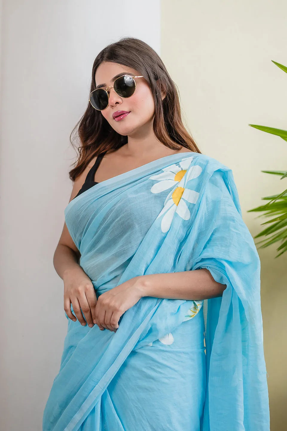 Sky Blue Mul Cotton Saree with Daisy Floral Print & Blue-White Tasselled Pallu