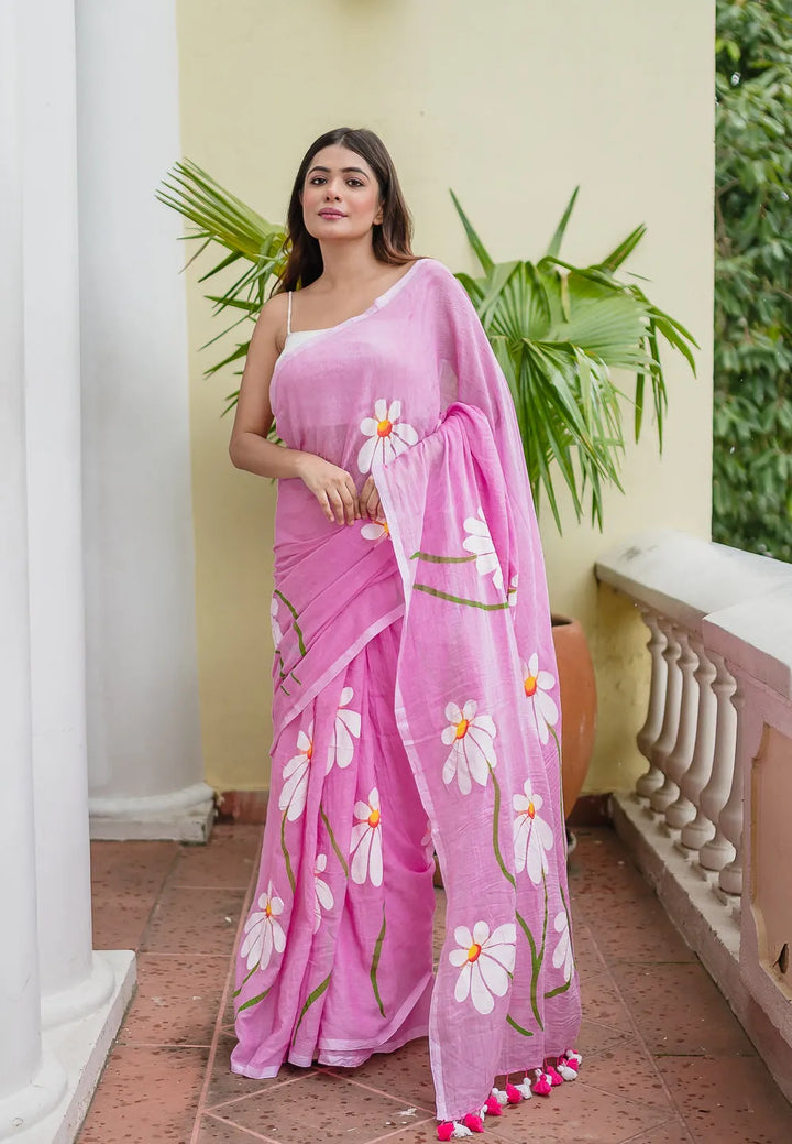 Blush Pink Mul Cotton Saree with Hand-Painted Daisy Floral Design & Tasselled Pallu
