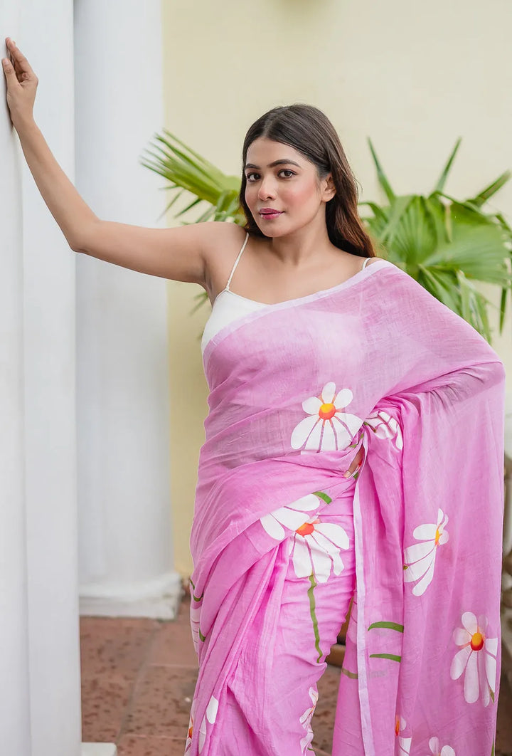 Blush Pink Mul Cotton Saree with Hand-Painted Daisy Floral Design & Tasselled Pallu