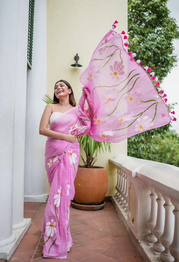 Blush Pink Mul Cotton Saree with Hand-Painted Daisy Floral Design & Tasselled Pallu