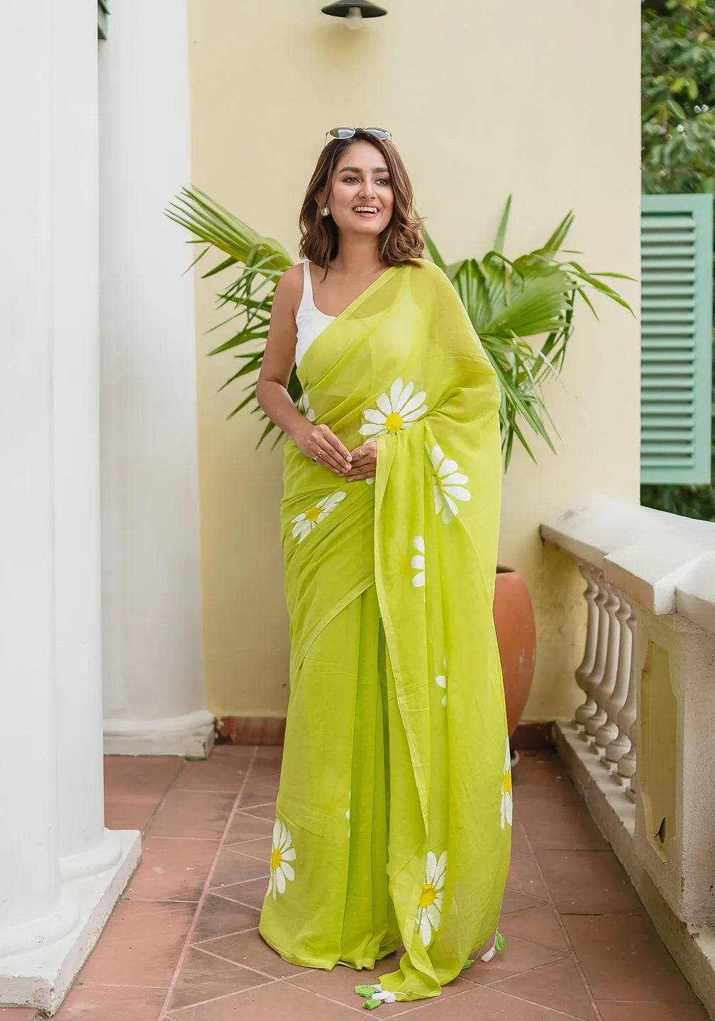 Lime Green Mul Cotton Saree with Daisy Floral Print & Tasselled Pallu