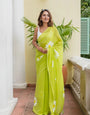 Lime Green Mul Cotton Saree with Daisy Floral Print & Tasselled Pallu
