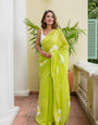 Lime Green Mul Cotton Saree with Daisy Floral Print & Tasselled Pallu, Comes With Attached Blouse Piece