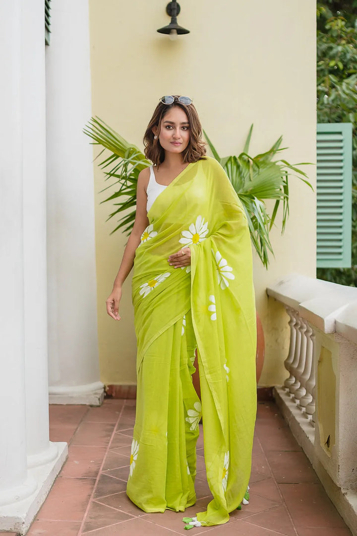 Lime Green Mul Cotton Saree with Daisy Floral Print & Tasselled Pallu