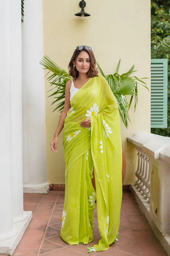 Lime Green Mul Cotton Saree with Daisy Floral Print & Tasselled Pallu, Comes With Attached Blouse Piece