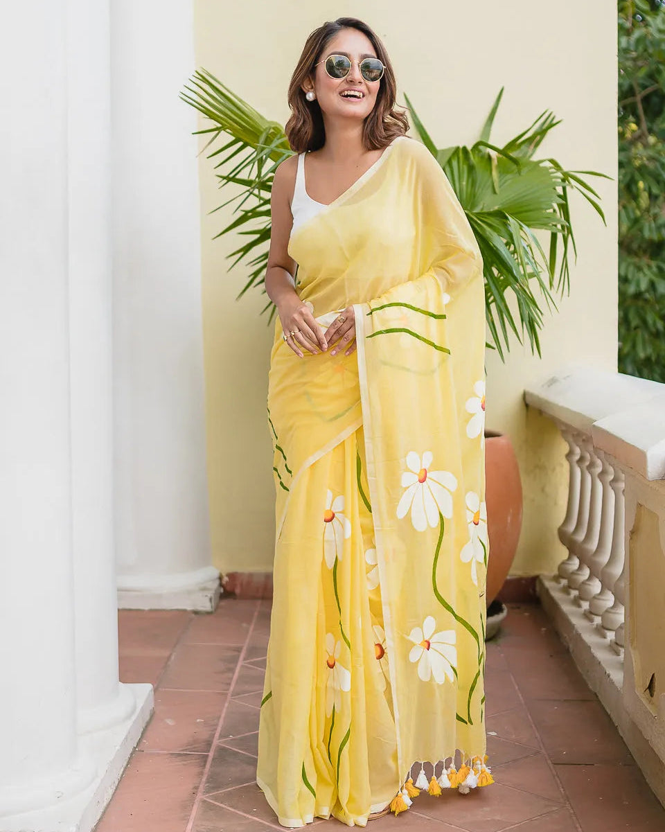 Sunshine Yellow Mul Cotton Saree with Daisy Floral Design & Tasselled Pallu