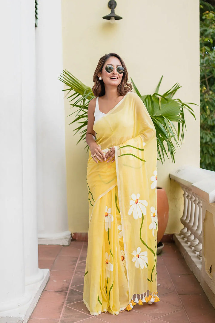 Sunshine Yellow Mul Cotton Saree with Daisy Floral Design & Tasselled Pallu, Comes With Attached Blouse Piece