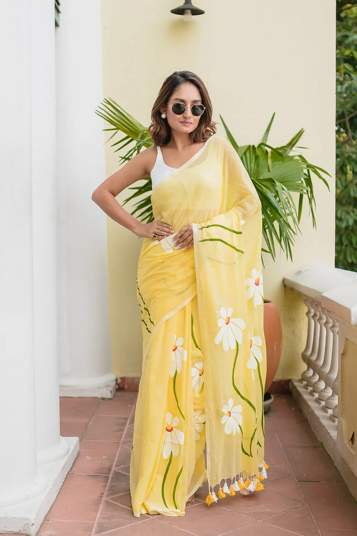 Sunshine Yellow Mul Cotton Saree with Daisy Floral Design & Tasselled Pallu