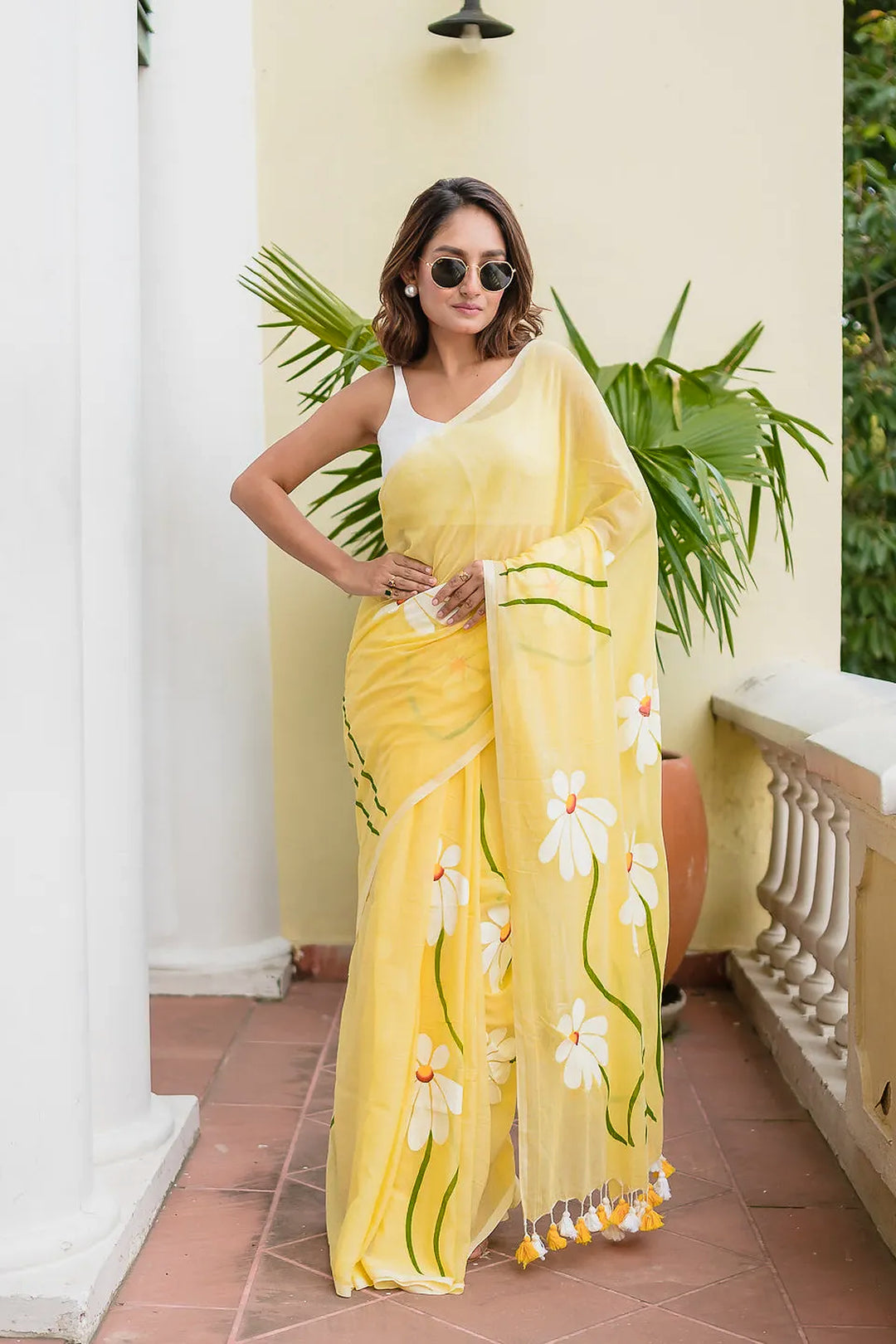 Sunshine Yellow Mul Cotton Saree with Daisy Floral Design & Tasselled Pallu, Comes With Attached Blouse Piece
