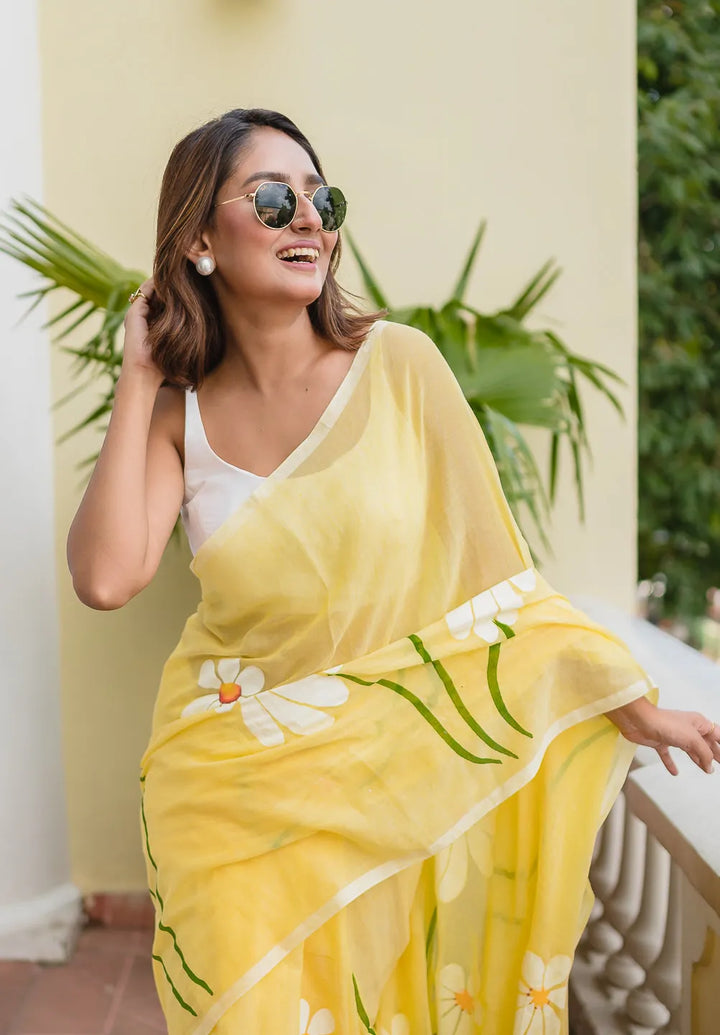 Sunshine Yellow Mul Cotton Saree with Daisy Floral Design & Tasselled Pallu