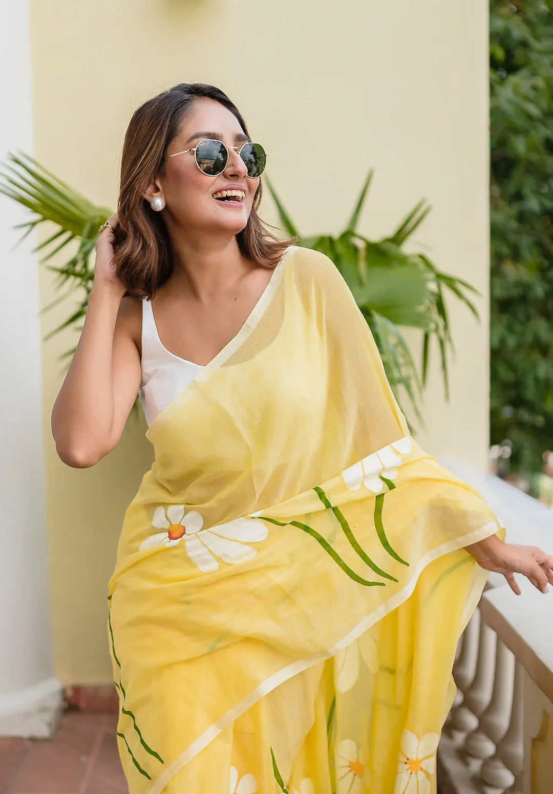 Sunshine Yellow Mul Cotton Saree with Daisy Floral Design & Tasselled Pallu, Comes With Attached Blouse Piece