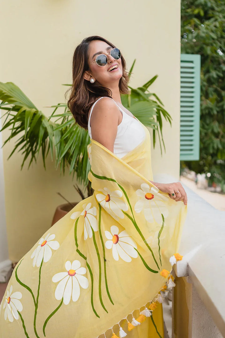 Sunshine Yellow Mul Cotton Saree with Daisy Floral Design & Tasselled Pallu