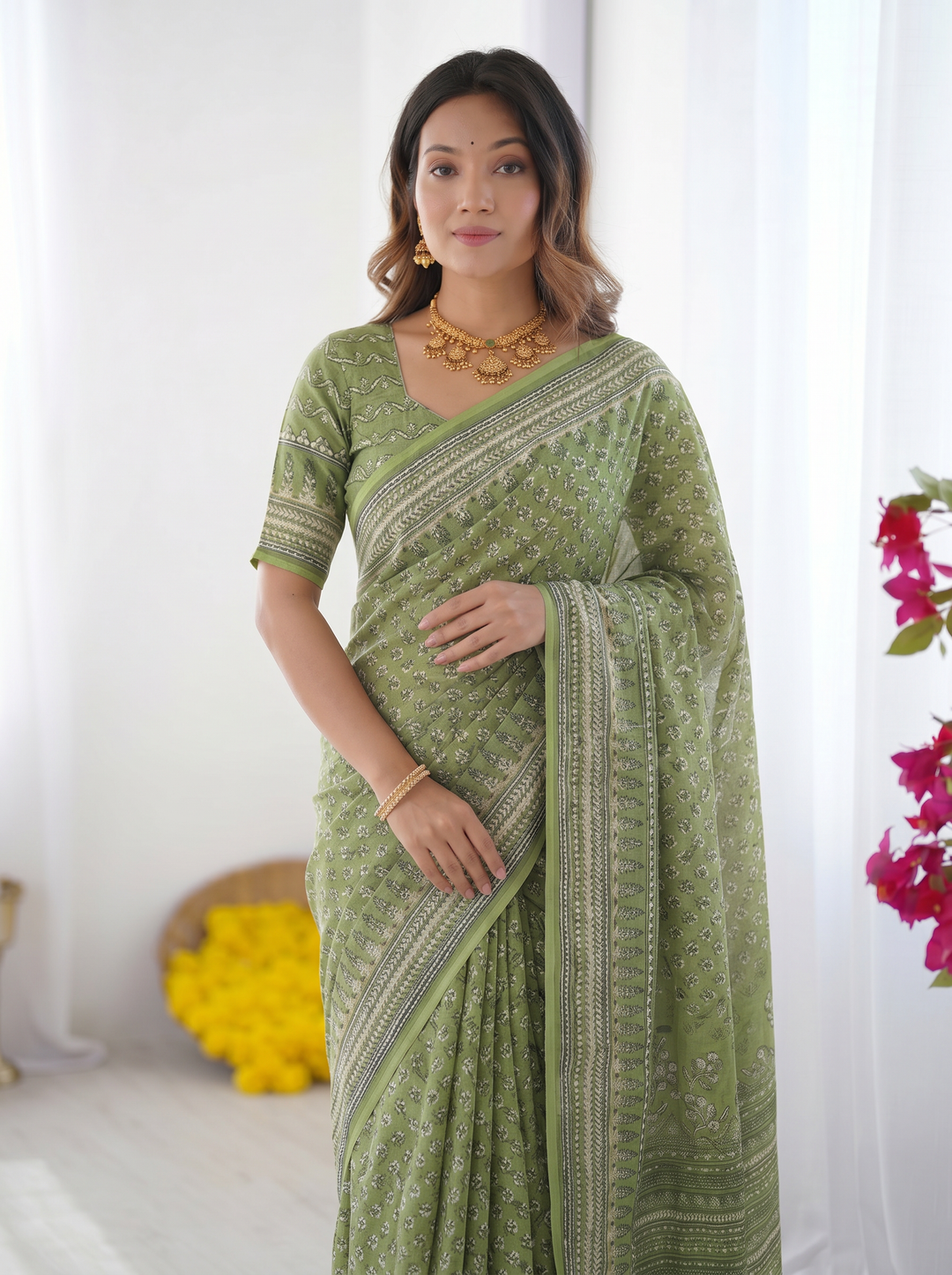 Ajrakh Chinnon Printed Saree with Tassel Detailing & Attached Blouse (No Mirror Work)