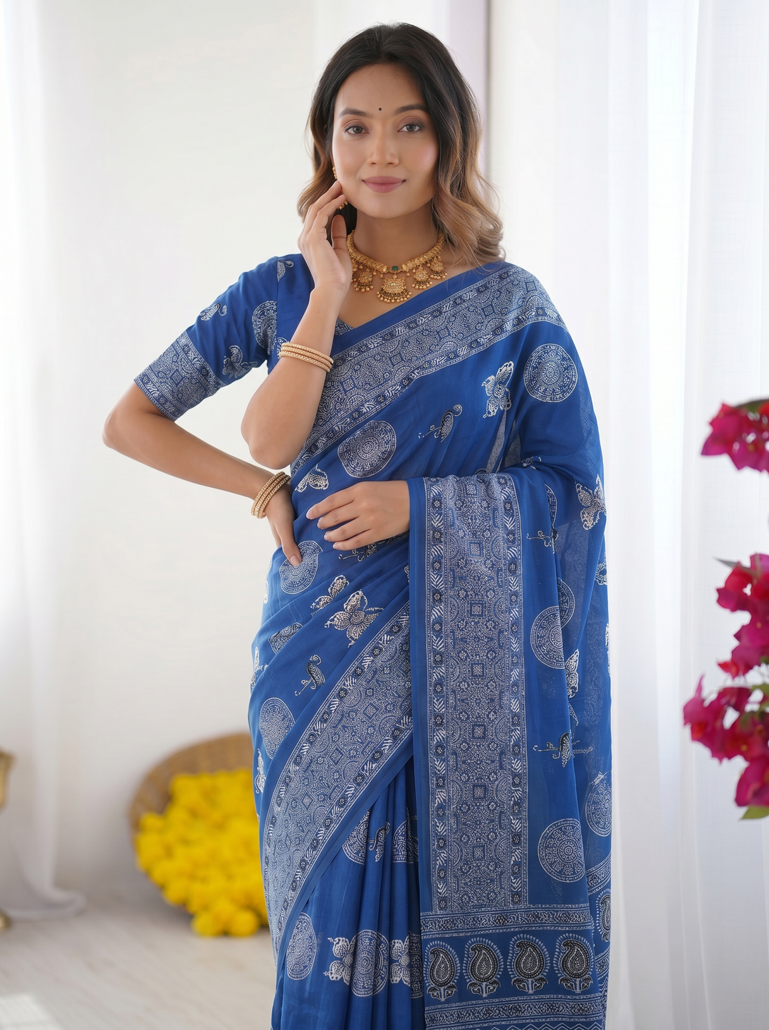 Ajrakh Chinnon Printed Saree with Tassel Detailing & Attached Blouse (No Mirror Work)