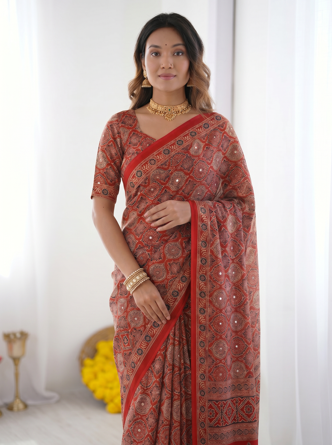 Ajrakh Chinnon Printed Saree with Tassel Detailing & Attached Blouse (No Mirror Work)