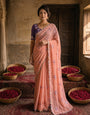 Peach Pink Georgette Embroidered Saree with Floral Sequin Work & Contrast Purple Blouse