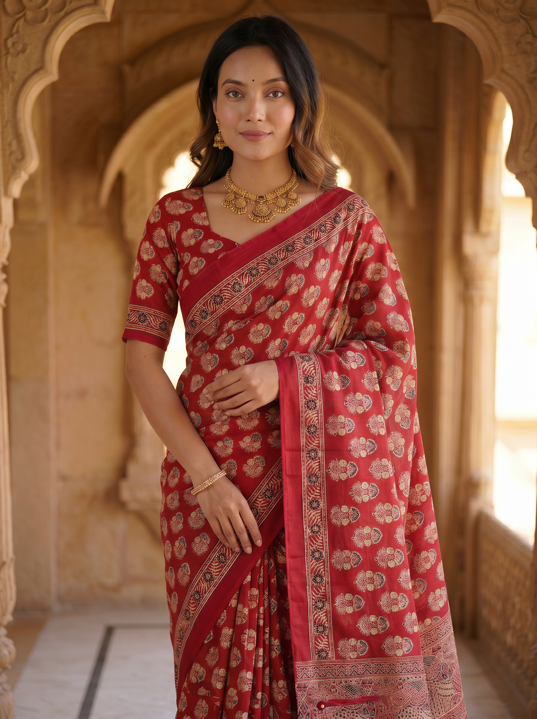 Ajrakh Chinnon Printed Saree with Tassel Detailing & Attached Blouse (No Mirror Work)