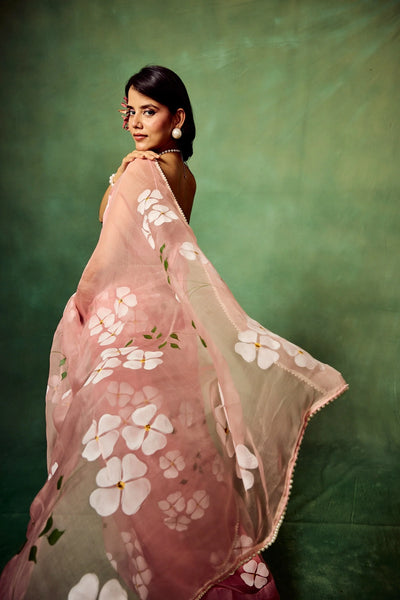 Blush Pink Pure Organza Saree with Hand-Painted White Floral Motifs & Sequin Accents | Satin Blouse