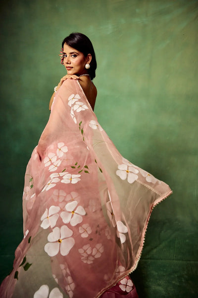 Blush Pink Pure Organza Saree with Hand-Painted White Floral Motifs & Sequin Accents | Satin Blouse