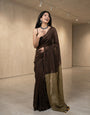 Chocolate Brown Mul Cotton Saree with Antique Gold Contrast Pallu, Tassels & Matching Blouse